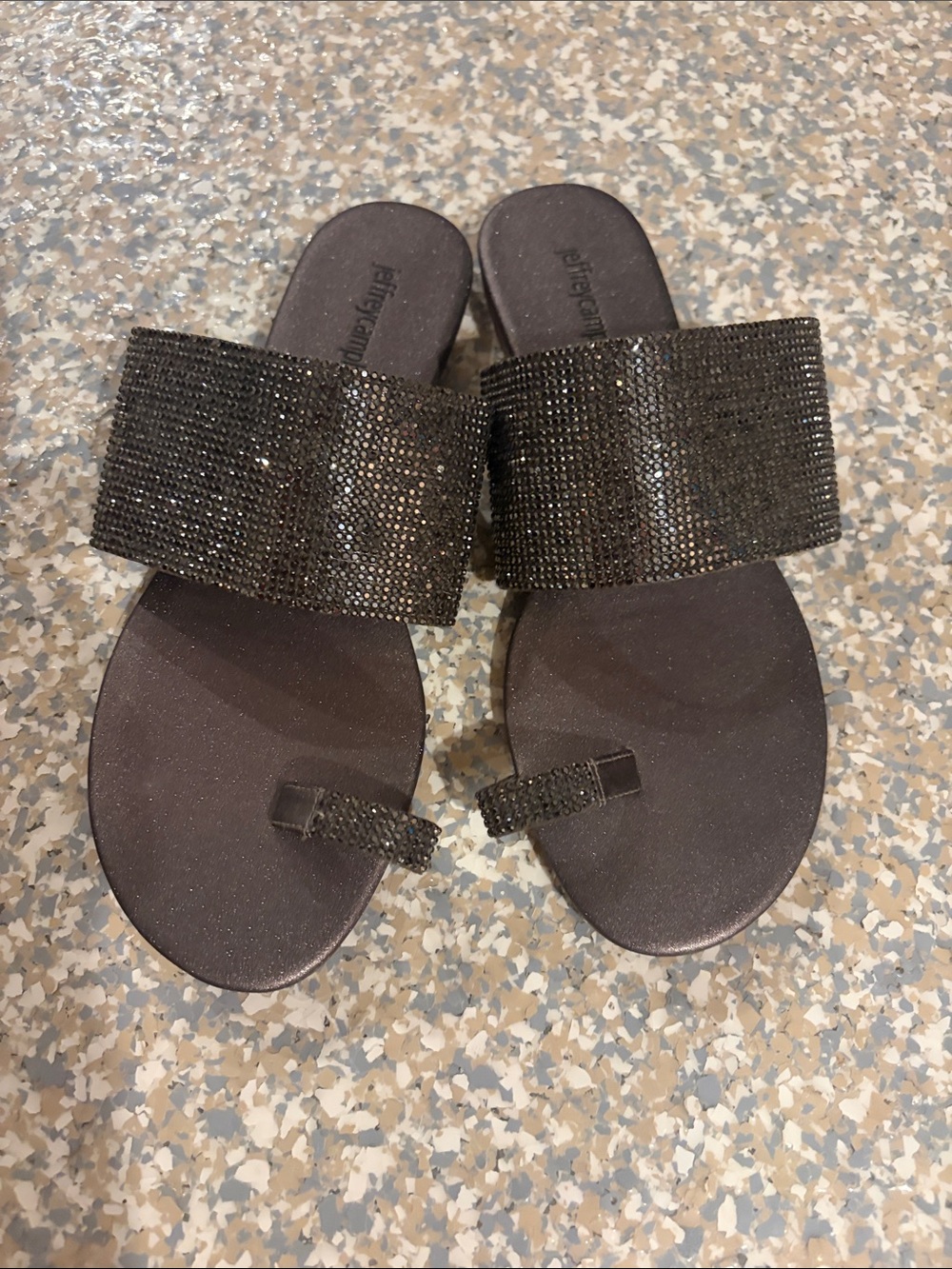 Jeffrey Campbell Gunmetal Rhinestone Slide Sandals with Toe Loop